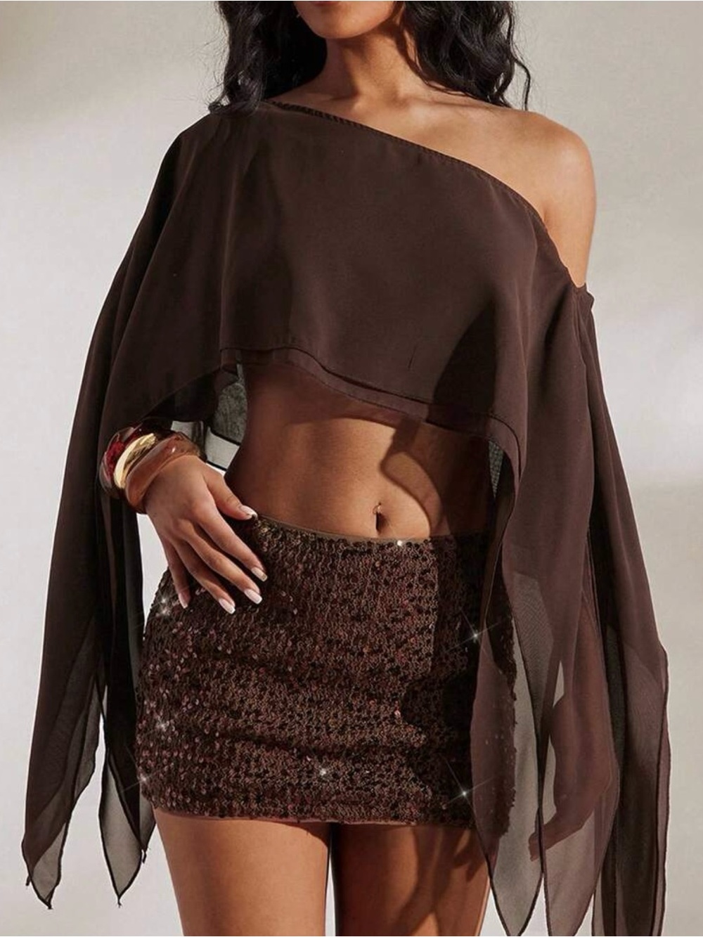 2 Piece Set - Sheer One-Shoulder Brown Sequin Mini Skirt